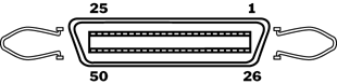 This 50-contact, centronics-type, ribbon contact connector is used for Slow, Fast or Ultra, 8-bit Narrow SCSI applications. Frequently called the 