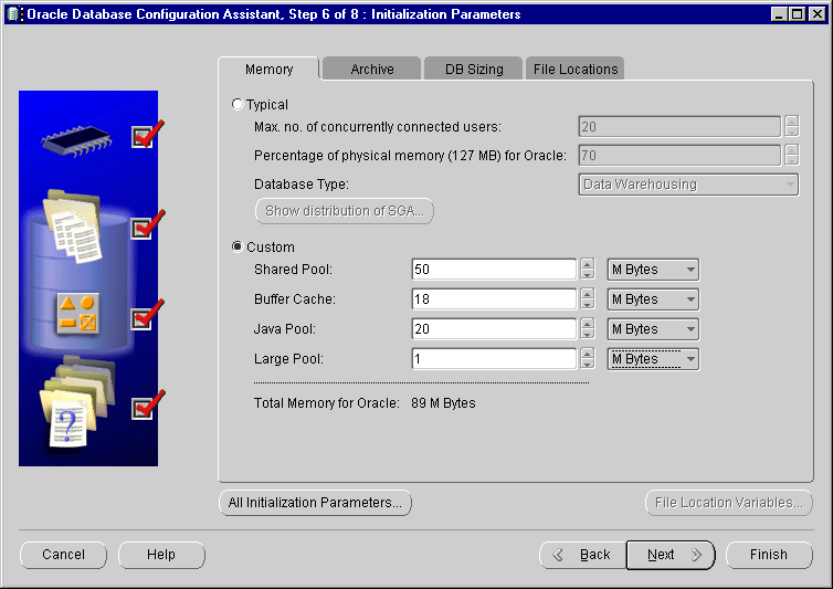 Shows how the Database Configuration Assistant (DBCA) allows you to modify these values within the Memory section.