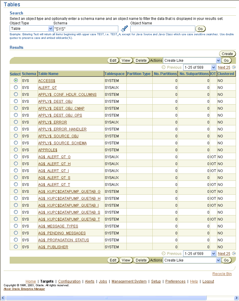 This image shows the Tables page.