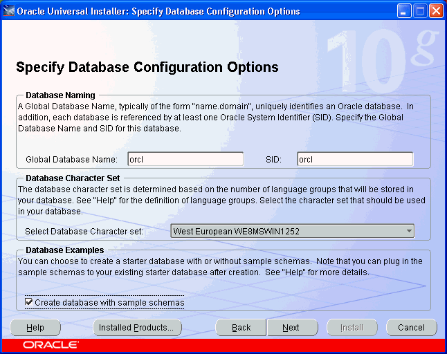 Specify Database C onfiguration Options page