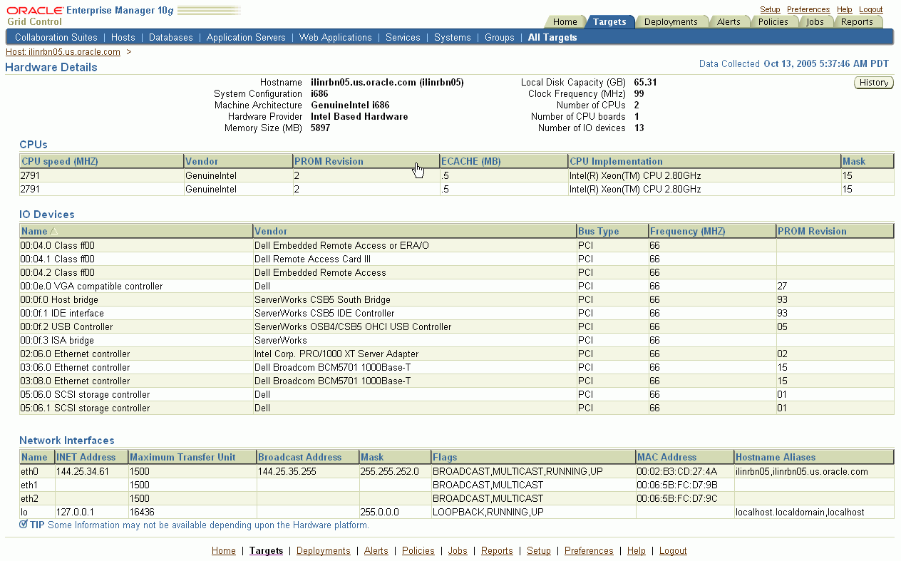 This figure shows a screenshot of the Enterprise Manager Host Hardware Details page