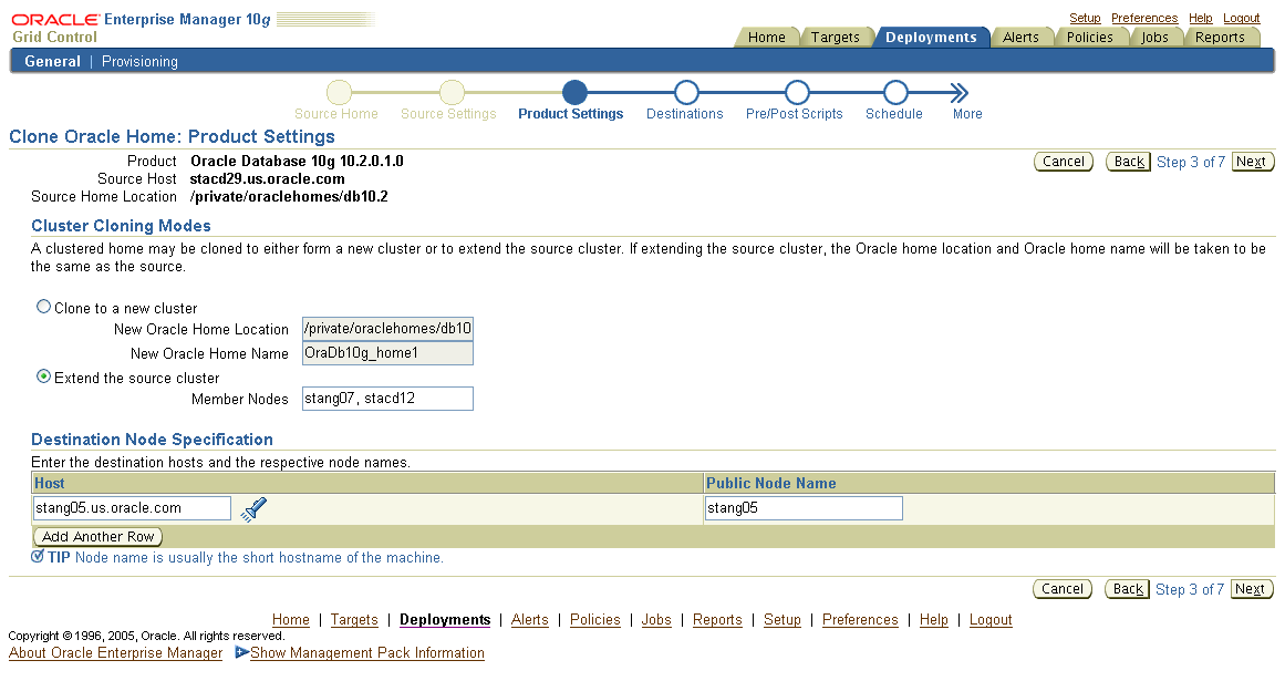 This figure shows a screenshot of Enterprise Manager Clone Oracle Home: Product Settings page