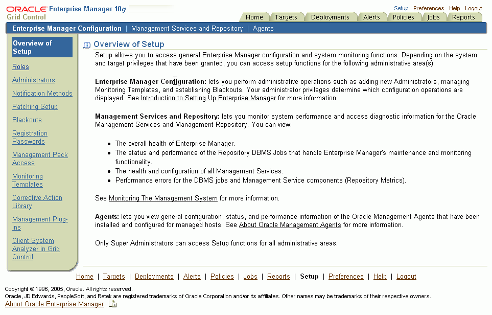 This figure shows a screenshot of the Enterprise Manager Setup page