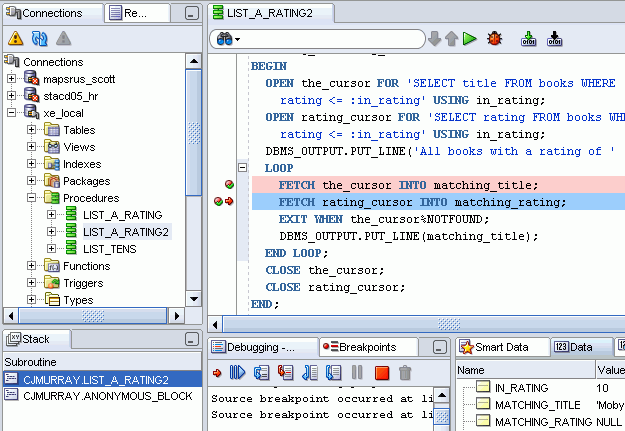 Interface for debugging a PL/SQL subprogram