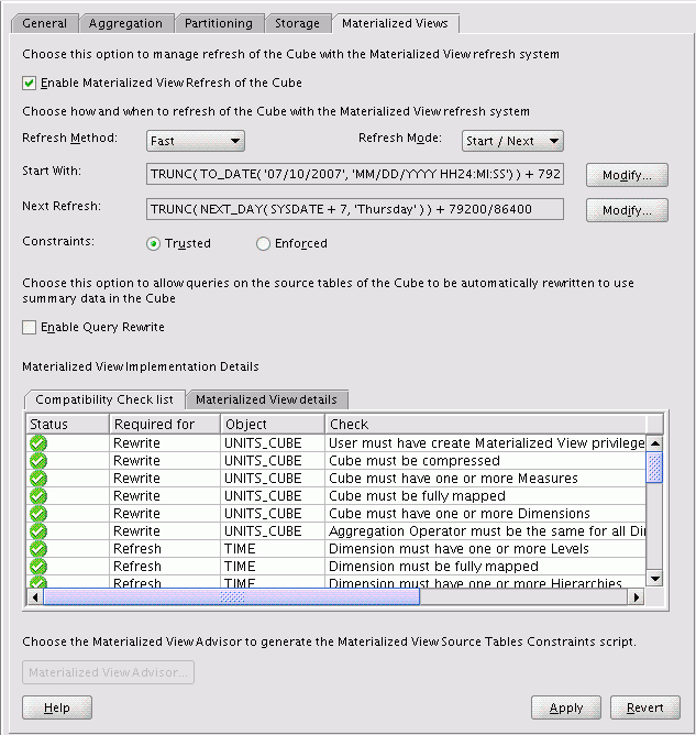 Cube Materialized View tab