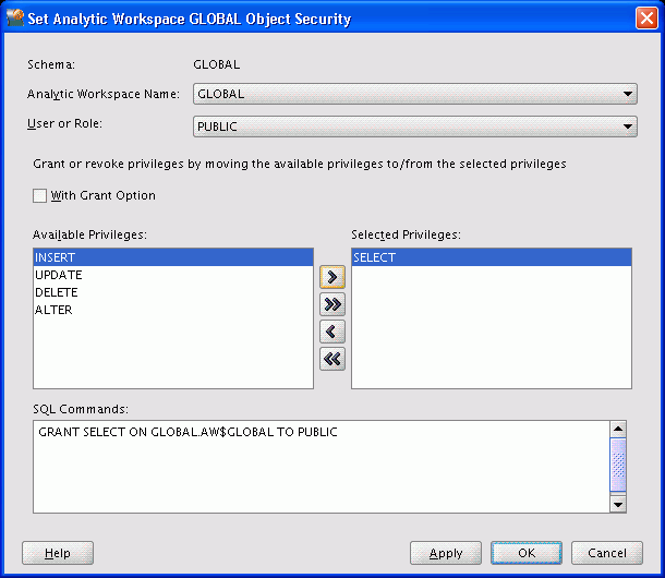 Set Analytic Workspace Object Security dialog box