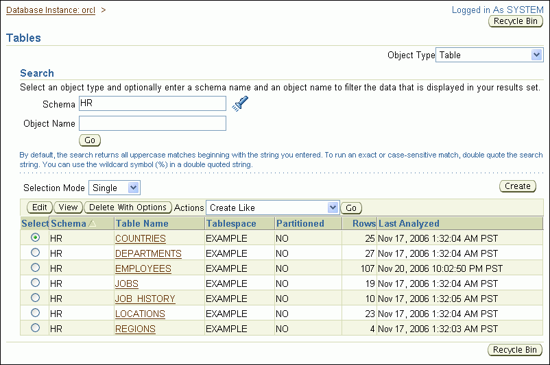 This image shows the Tables page.