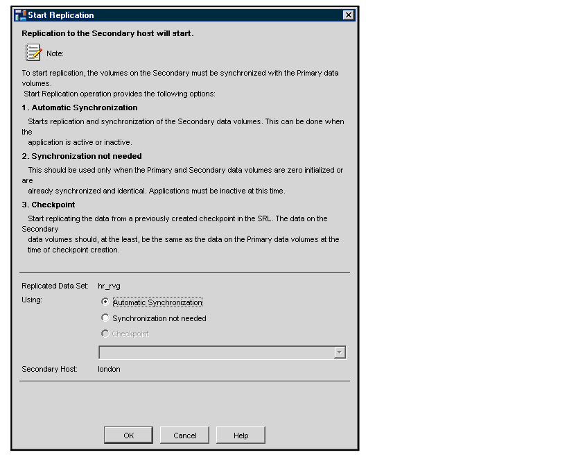 Start Replication dialog box